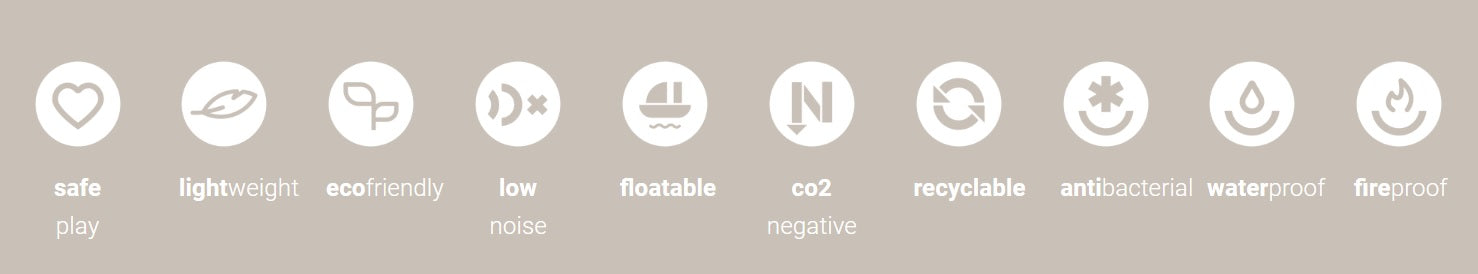 Letvægtslegetøj som er sikkert, støjsvagt, co2-negativt, genanvendeligt, antibakterielt, waterproof, fireproof og som kan flyde